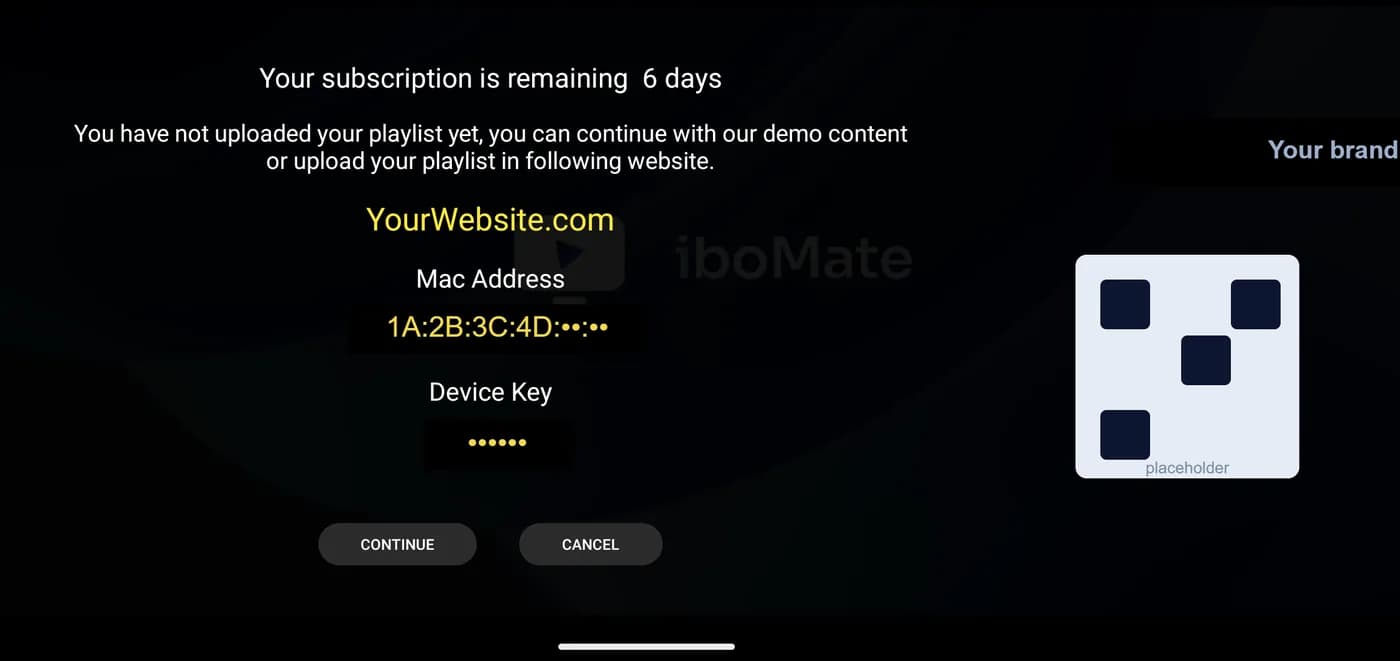 The activation screen: the customer's remaining days, your website, the MAC address, device key and a QR code