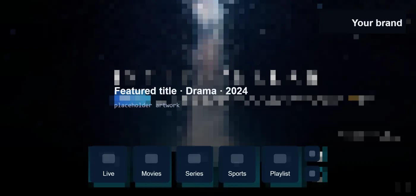 The app's home screen, 'Your brand' in the corner, with Live, Movies, Series, Sports and Playlist tiles