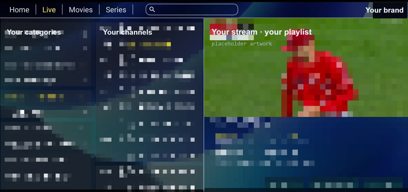 The Live screen: categories, channels and the current stream with its guide