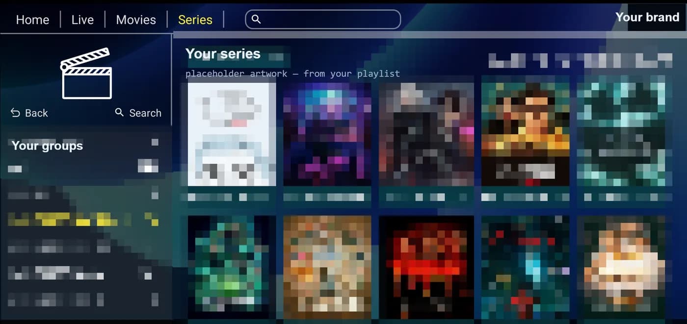 The Series screen: your groups on one side, a grid of series on the other