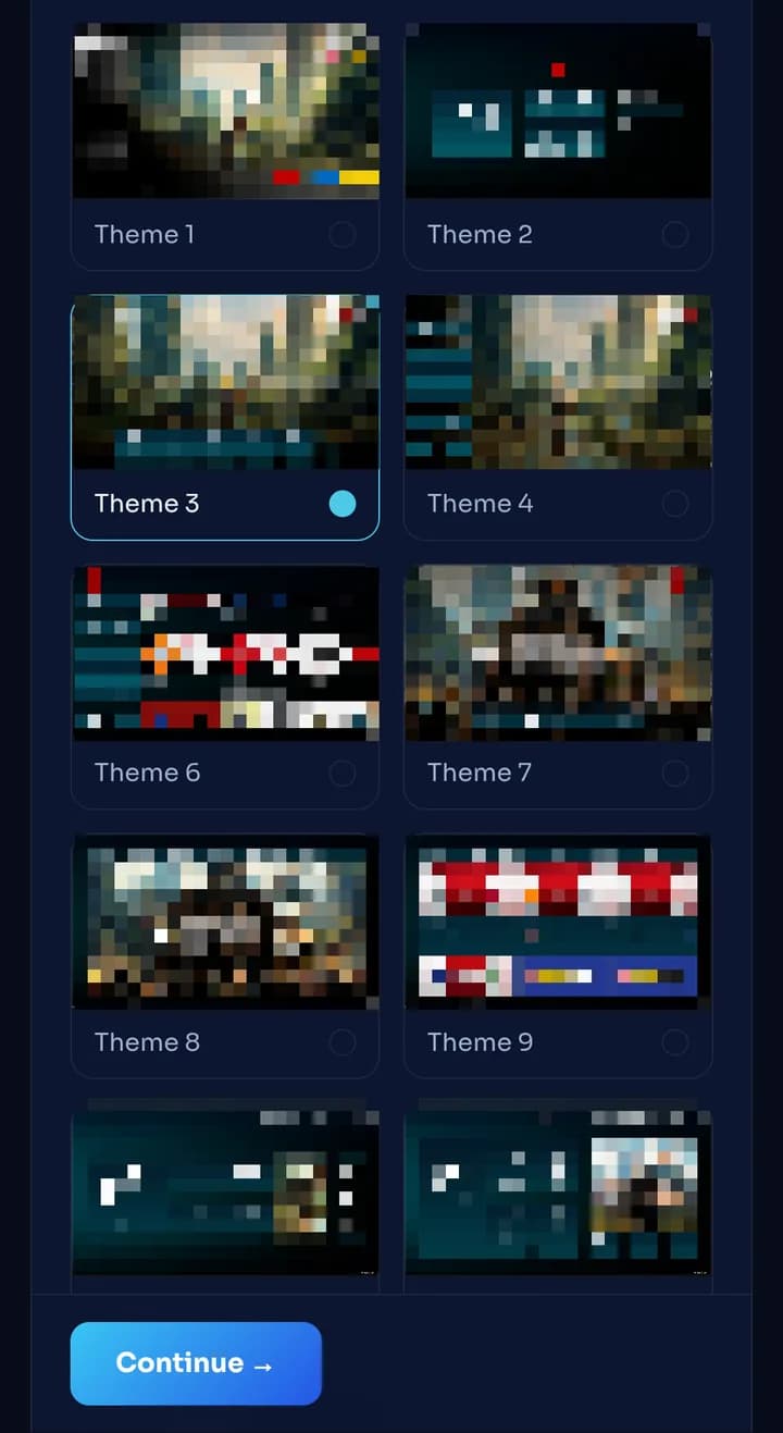 The panel's theme picker on a phone: nine layout previews, Theme 3 selected